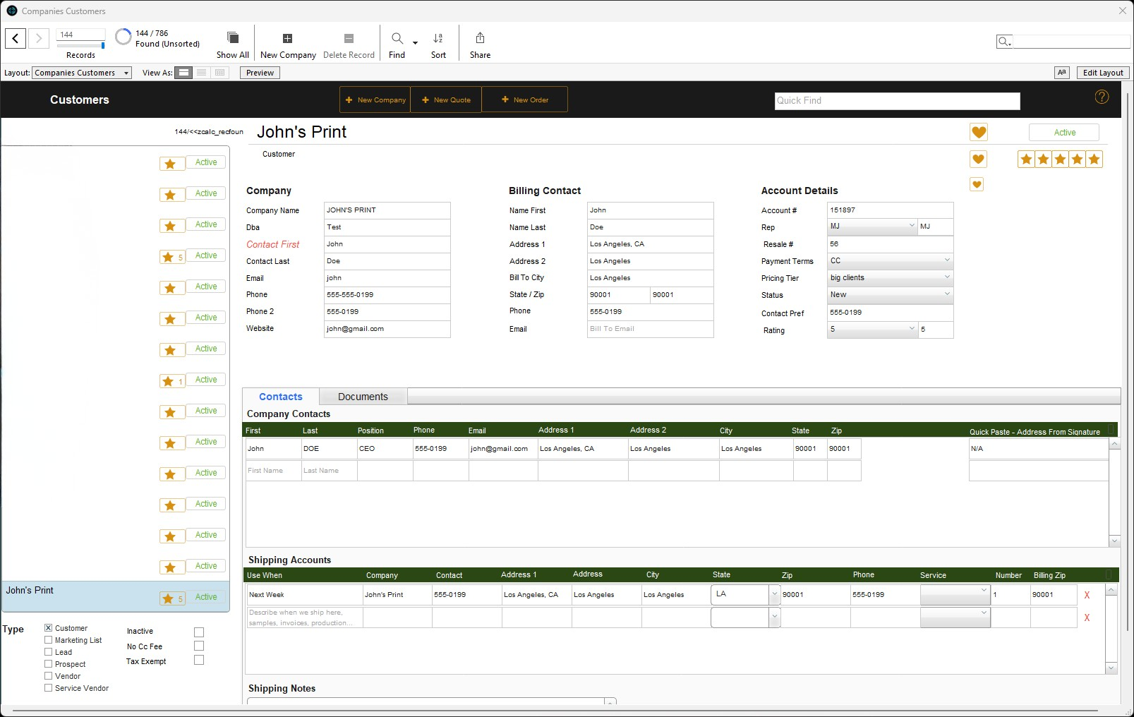 Customer management screen in the Shop Titan FileMaker system