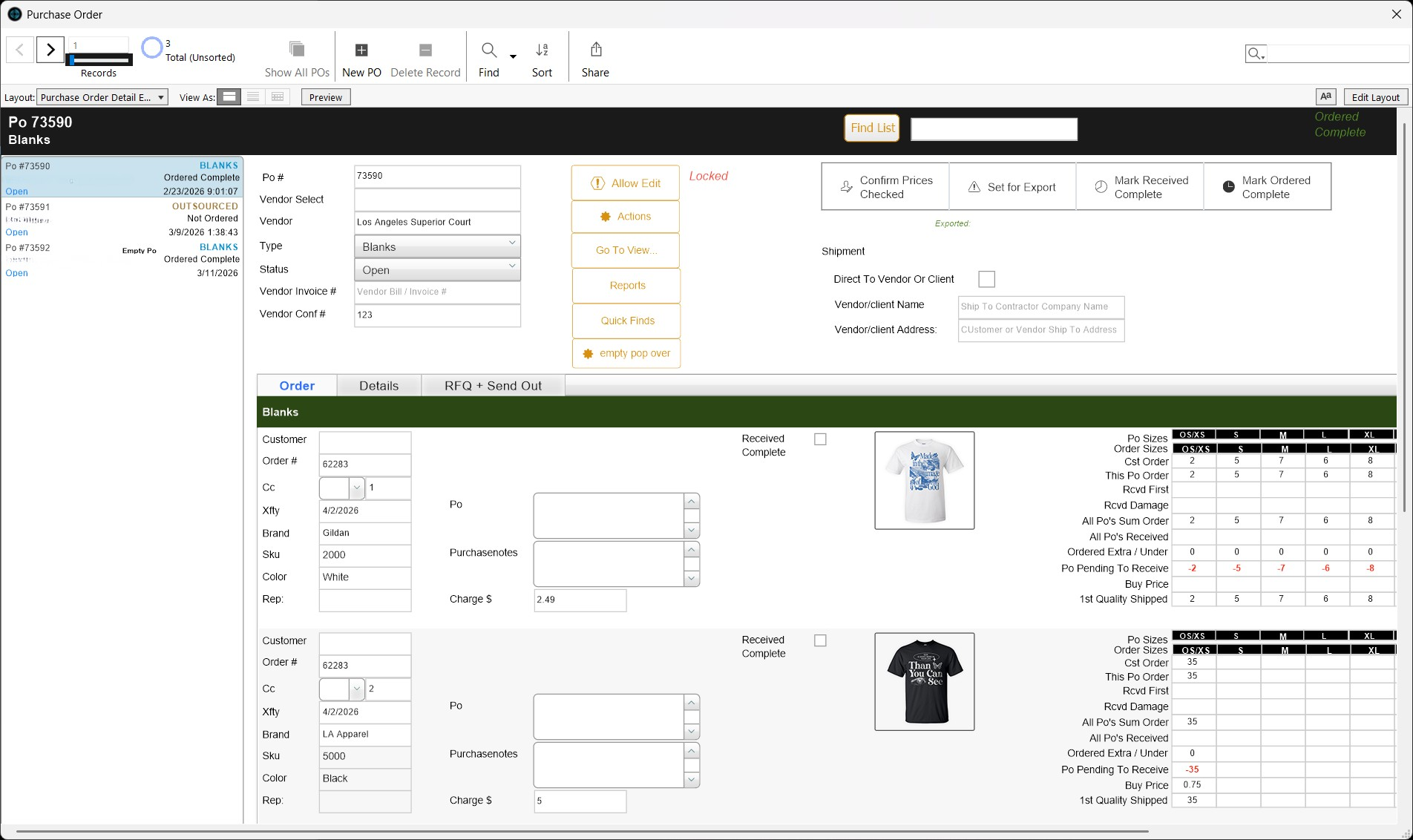 Purchase orders screen in the Shop Titan connected system