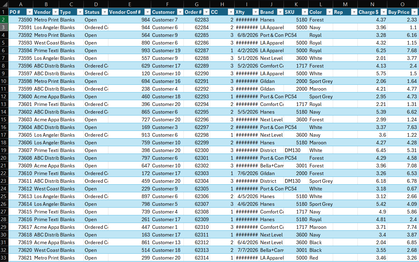 Print shop order tracking spreadsheet with scattered tabs and manual entries