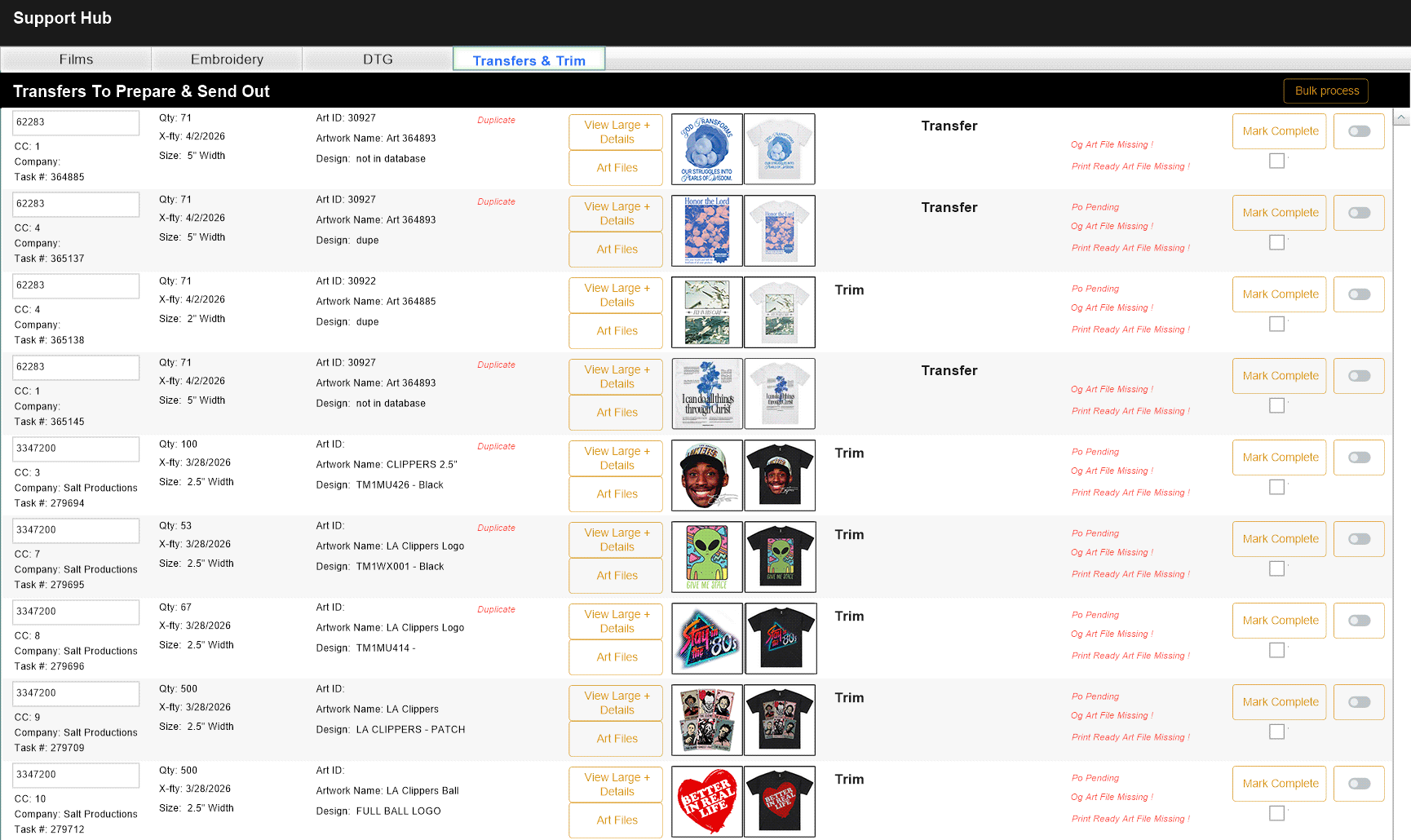 Shop Titan Support Hub — transfer batch processing showing real production jobs, artwork files, and live status flags