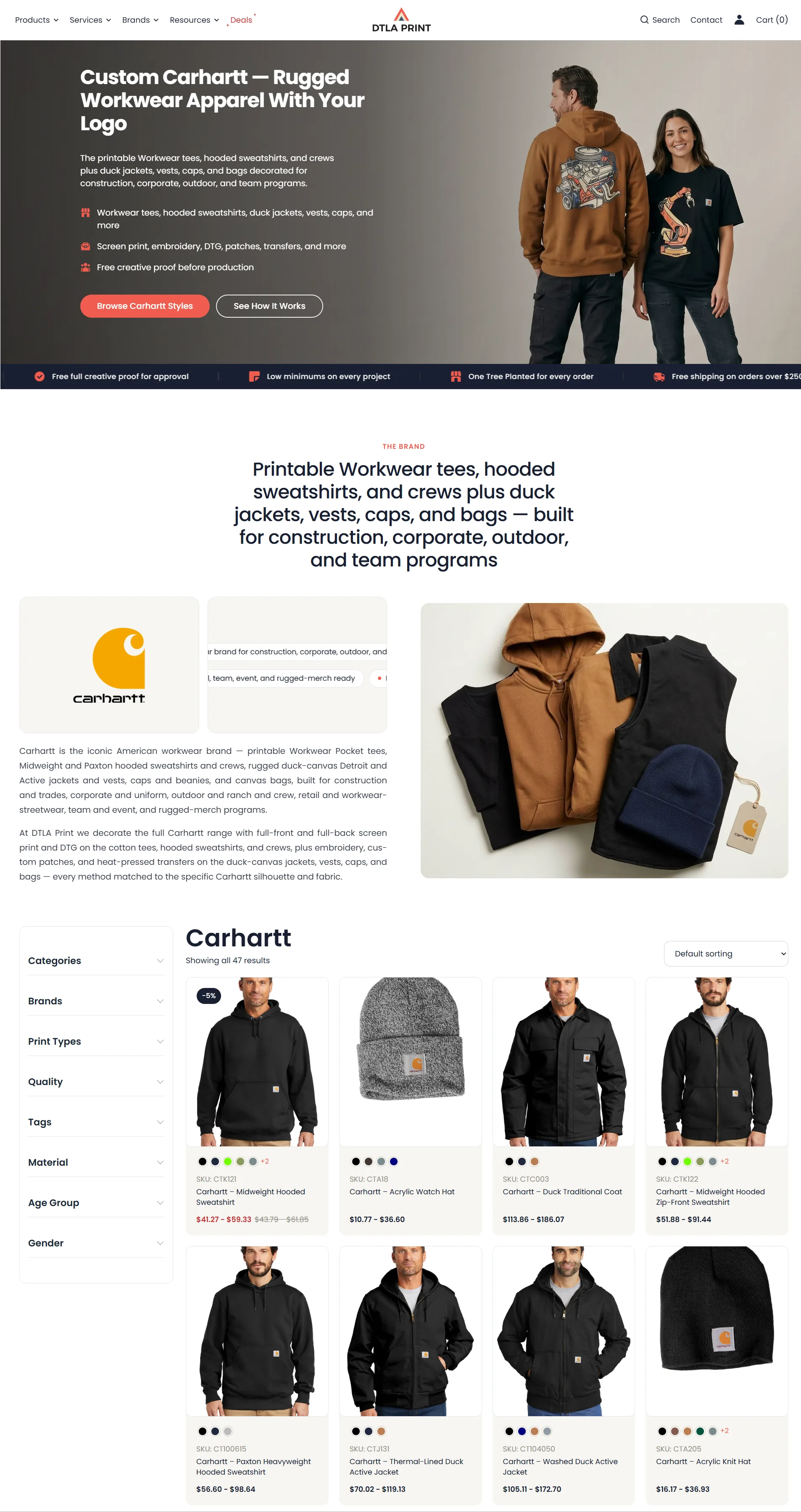 DTLA Print brand page with Carhartt workwear products for decoration