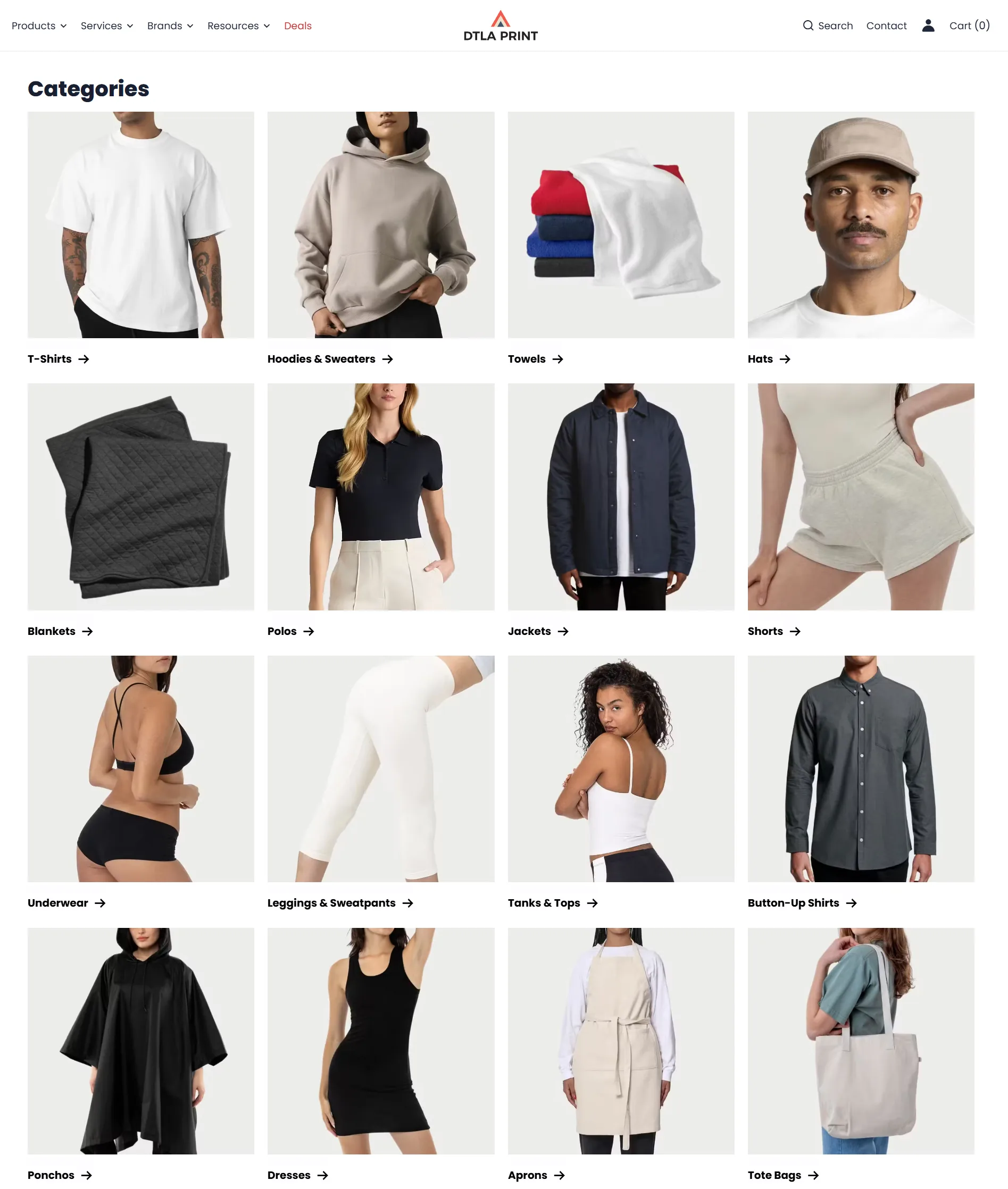 DTLA Print product category navigation across apparel types
