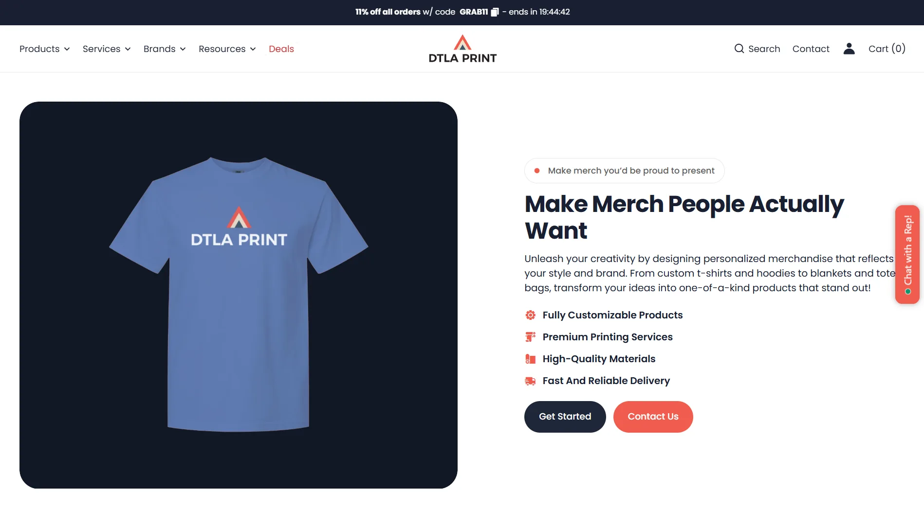 DTLA Print custom merchandise section with customizable products and printing services