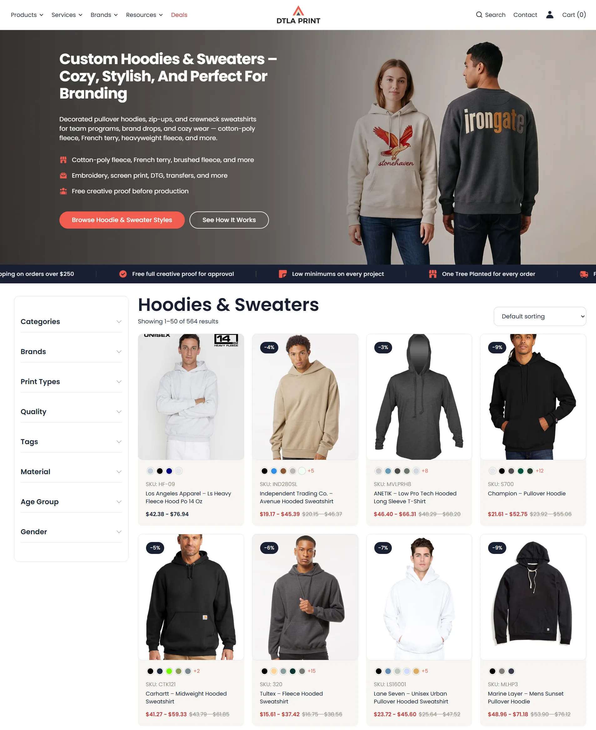 DTLA Print hoodie catalog with product cards and color options