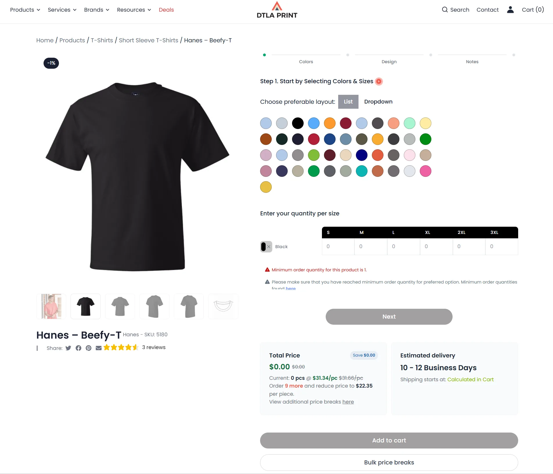 DTLA Print t-shirt catalog with blank apparel products and pricing