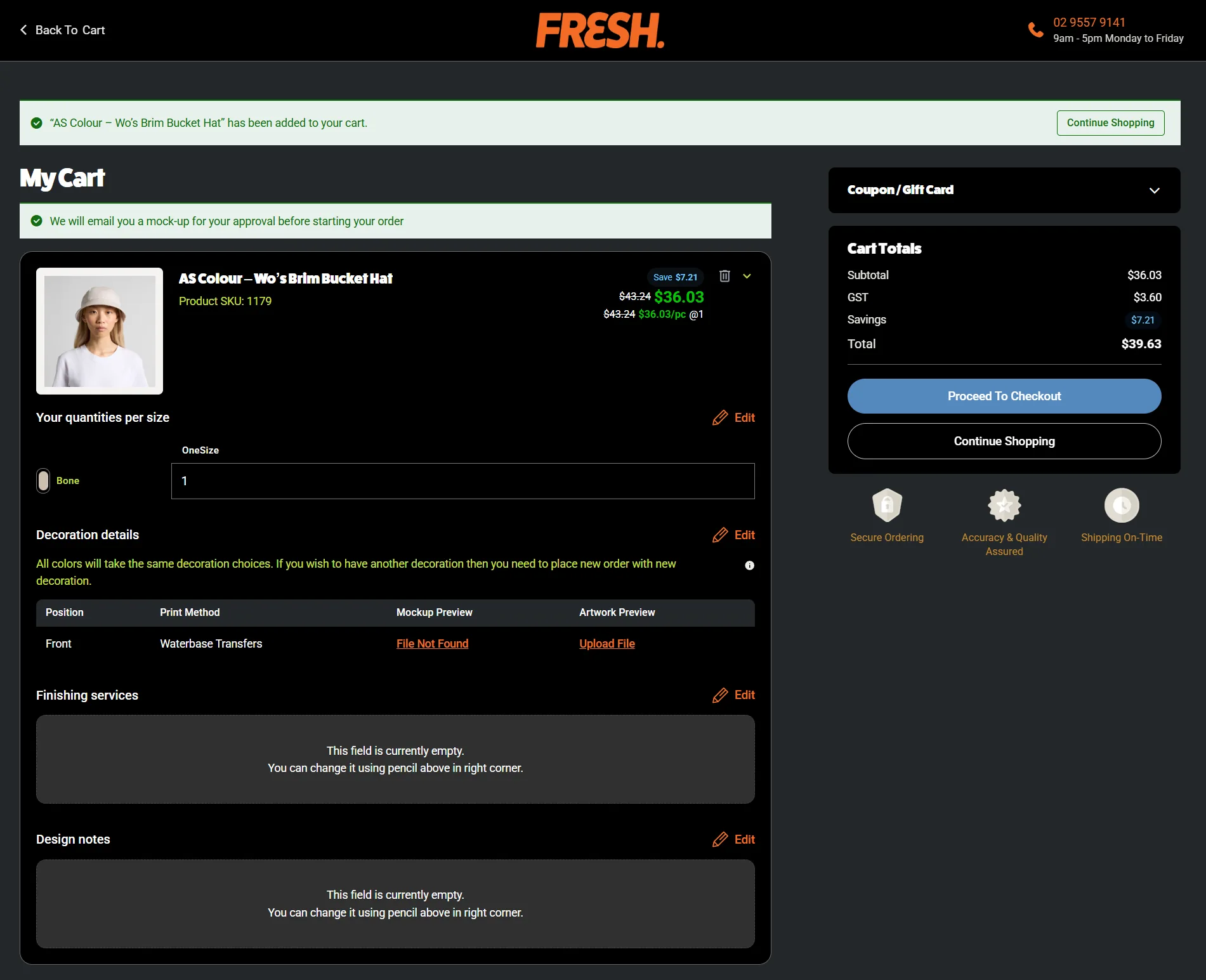 Fresh Merch shopping cart with order summary