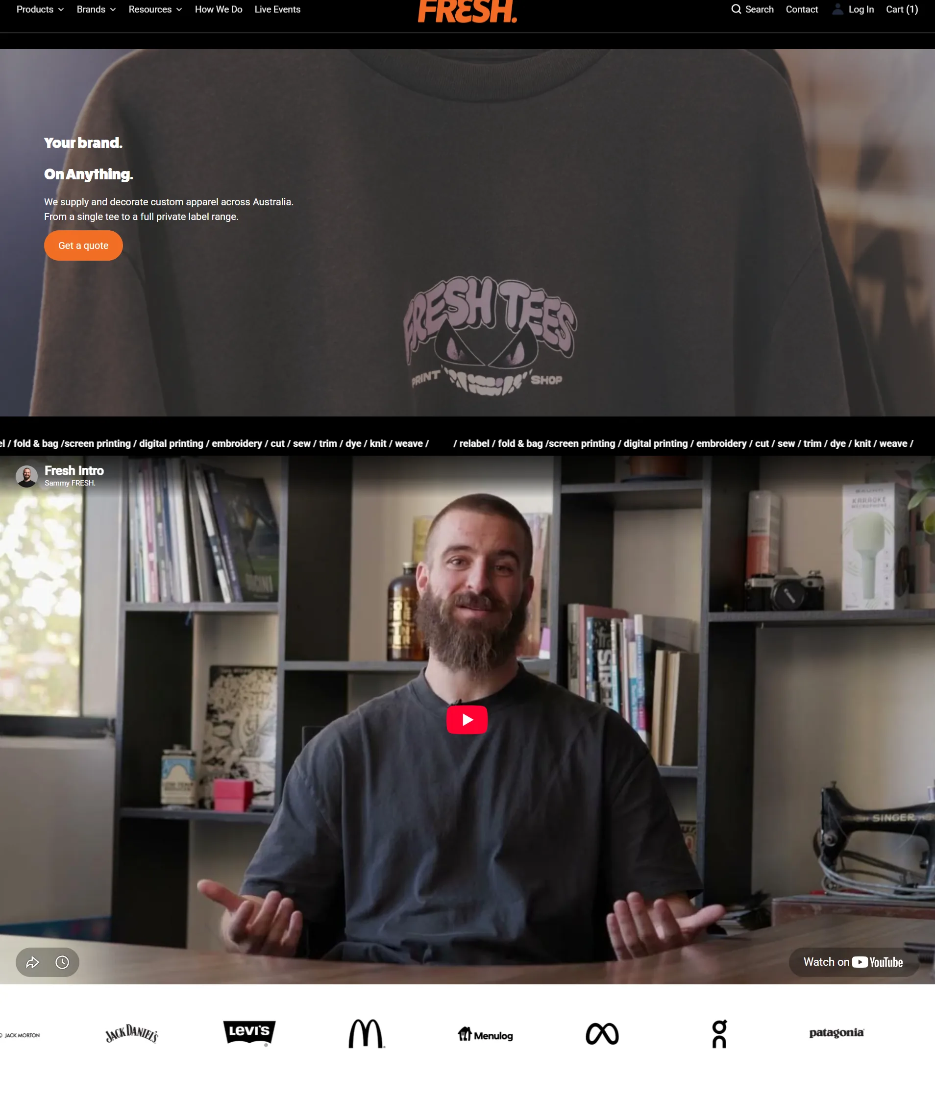 Fresh Merch homepage hero with custom apparel branding and intro video
