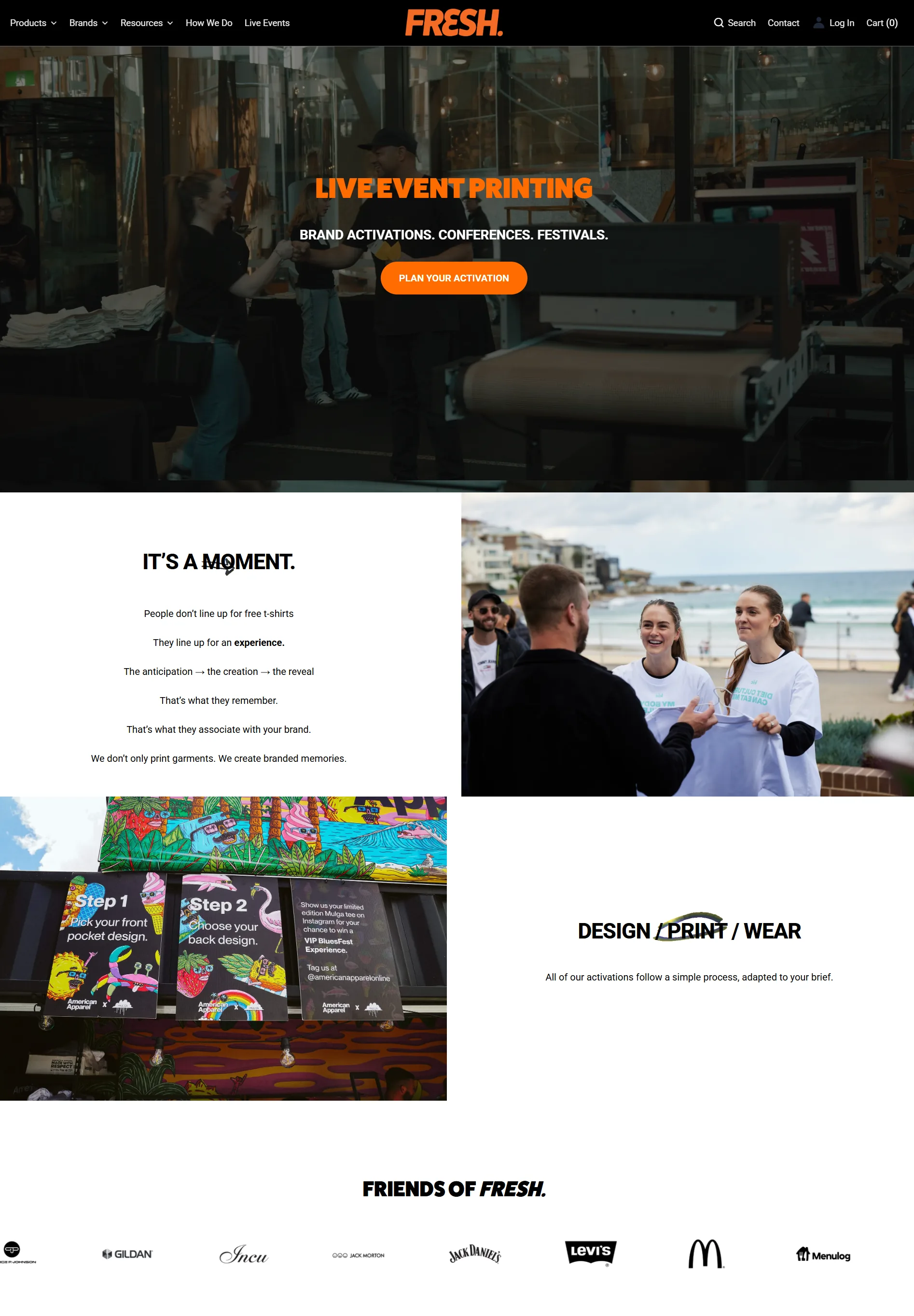 Fresh Merch live events page for on-site merch printing