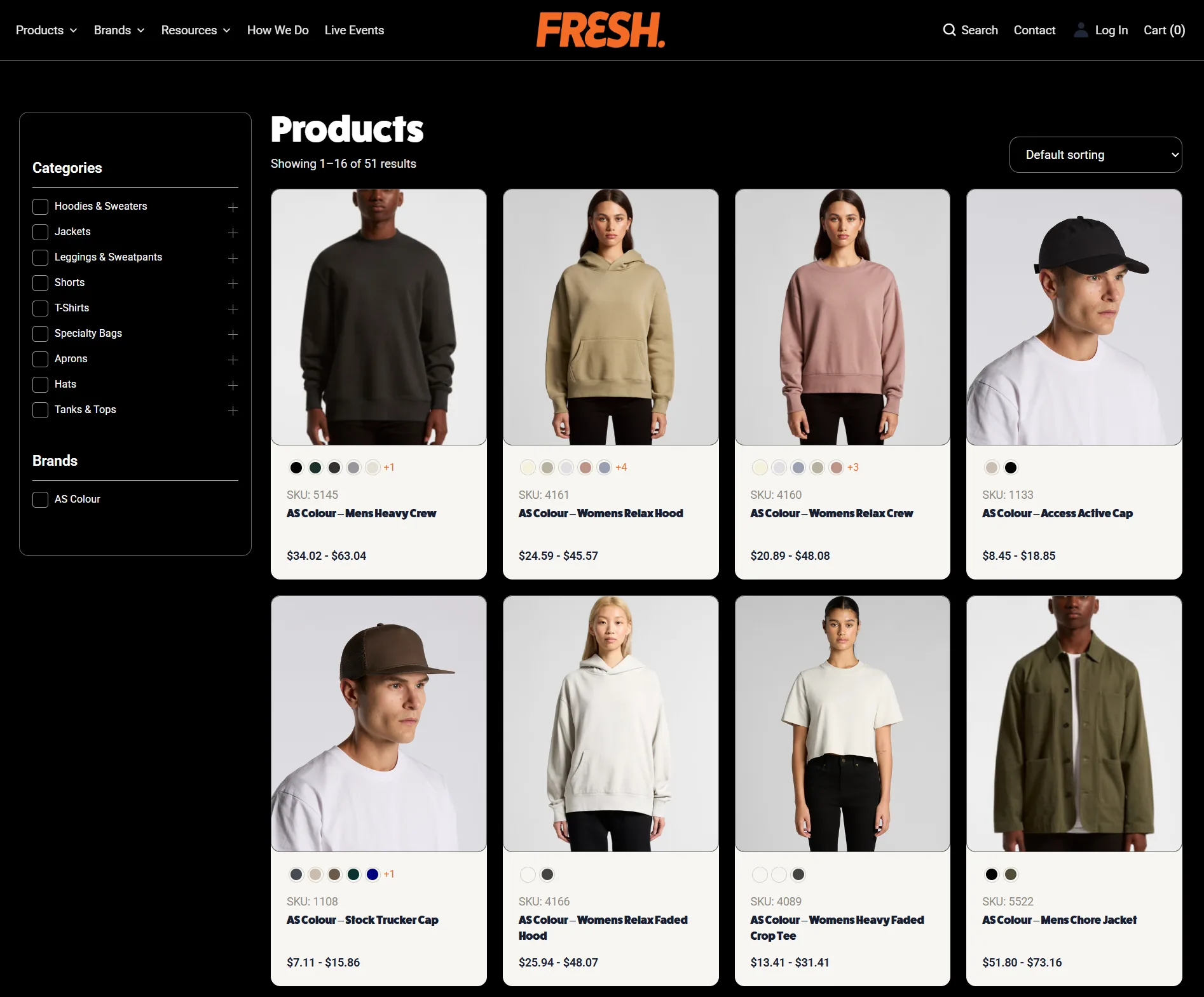 Fresh Merch product catalog with custom apparel items