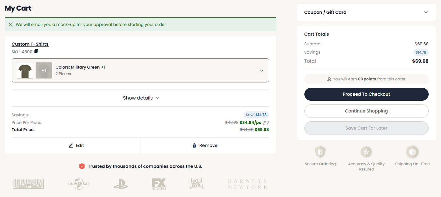 Online print shop order form: product, size and color, quantity, artwork upload, total, and place order